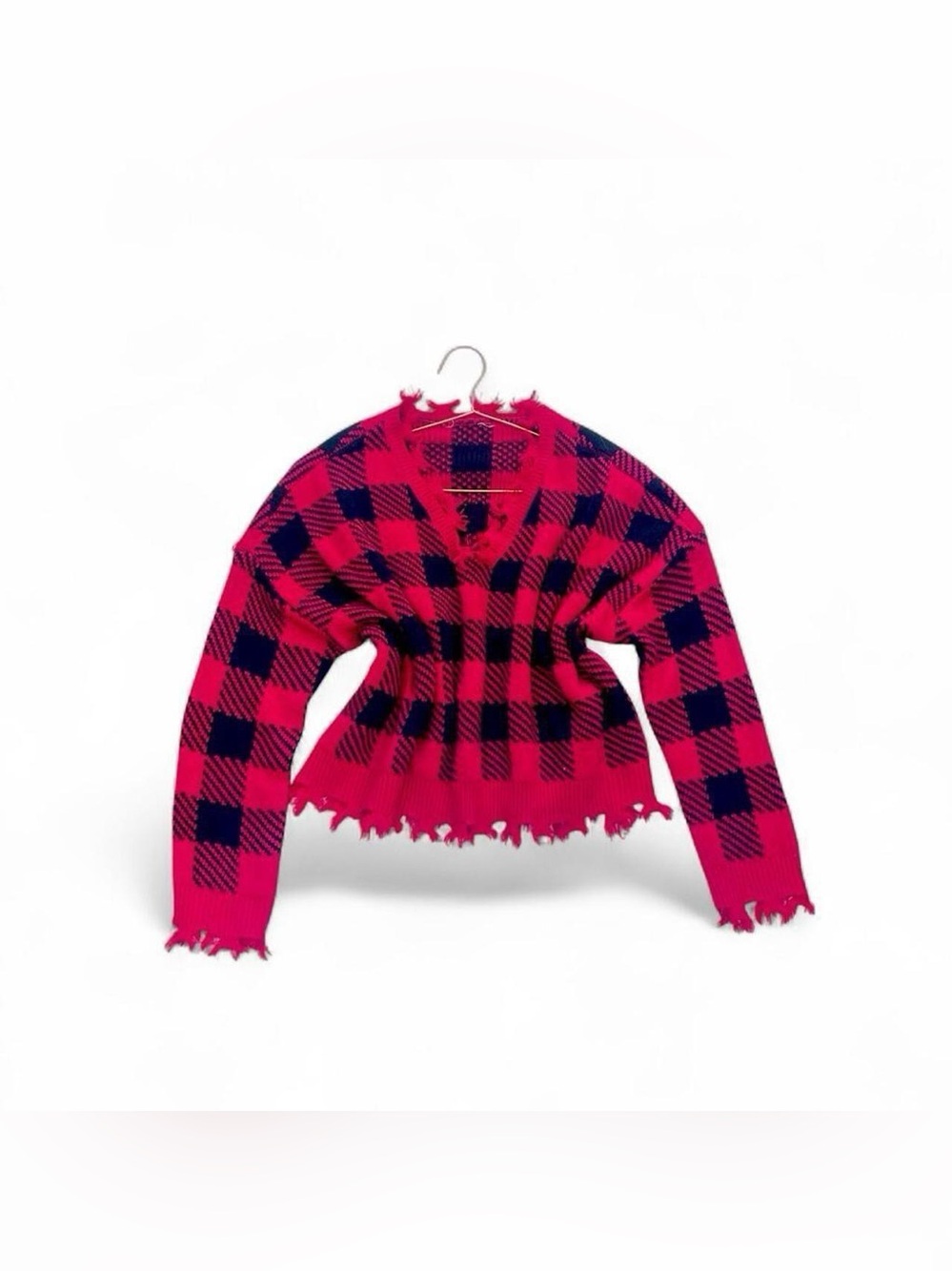 Red Black Plaid Distressed Crop Sweater Grunge Y2K Size L